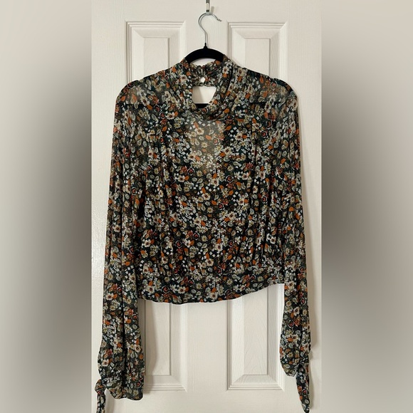 Free People All Dolled Up Floral Green Sheer High Neck Long Sleeve Mesh size L - Picture 5 of 10